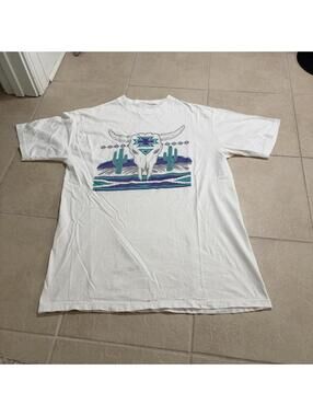 Southwestern Aztec Desert Skull Cactus Graphic T Shirt White Medium